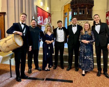 Lee Dunleavy, the soloists (and the drum) line up at the start of our Monteverdi Vespers concert, July 2024